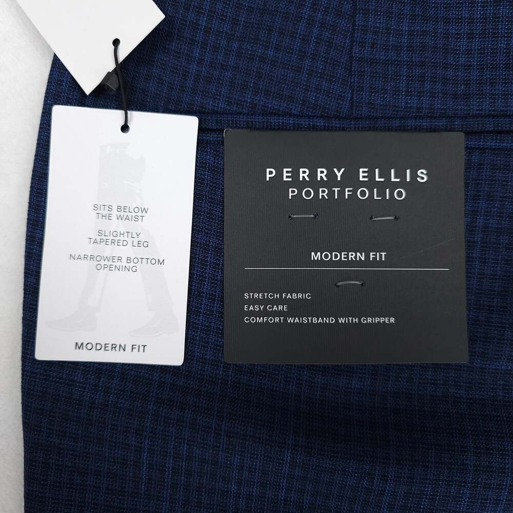 Perry Ellis Mens Modern Fit Dress Pants 36x30 Navy Blue Tonal Grid Plaid Stretch - Picture 4 of 9